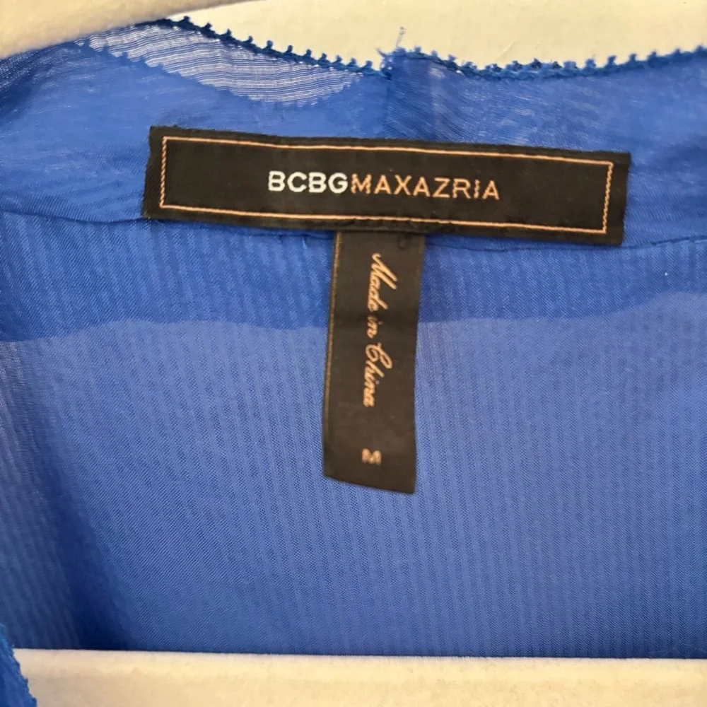 BCBGMaxAzria Silk Royal Cobalt Blue Sheer Blouse size M Ruffles - Picture 3 of 9